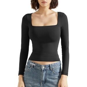 Black Square Neck Long Sleeve Fitted Top Blouse Casual Basic